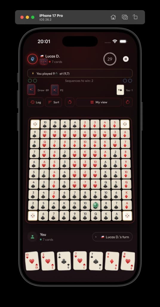 Sequence Rivals gameplay board with chips and hand